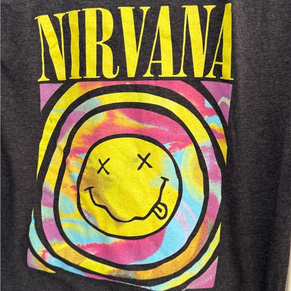 Nirvana Rock Band 90s Happy Dead Face Grunge Charcoal Gray Women’s M T-Shirt - Picture 2 of 4